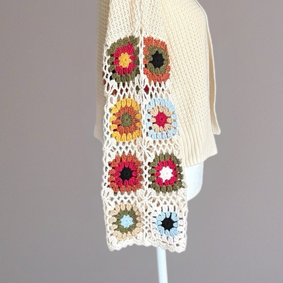 Boho Crochet Granny Square Sleeve Cardigan Cream Open Knit Sweater Size Small - Picture 6 of 16
